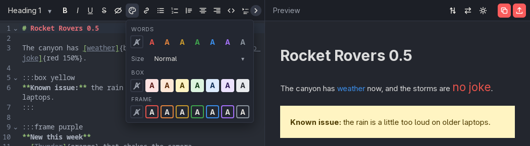 The colour menu open over a devlog with coloured words, a yellow box and a purple frame, and the preview showing them