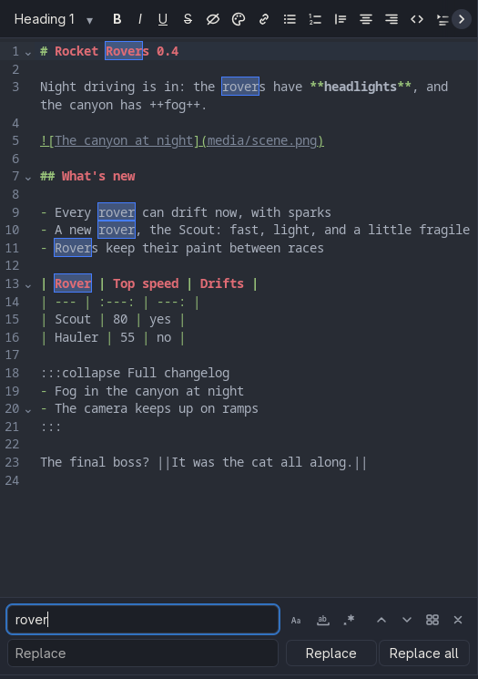 The find panel under the editor, every match of “rover” marked