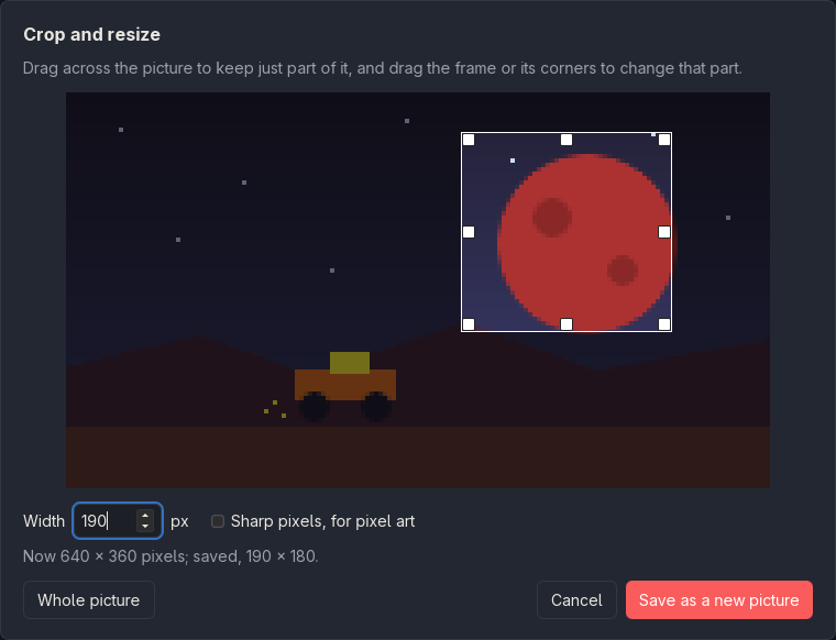 The crop and resize dialog, a frame around the moon in a screenshot, the rest dimmed