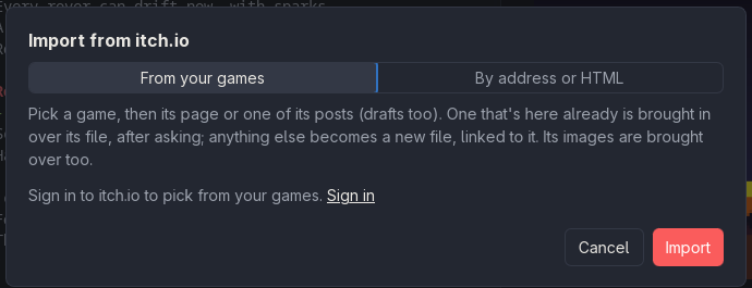 The import dialog, From your games