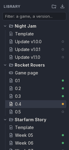 The library, a dot at the end of each devlog: green for live, amber for a draft, an empty ring for only here