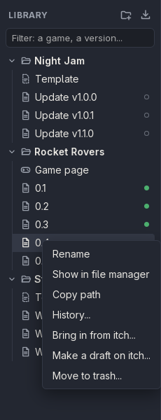 A devlog’s right-click menu