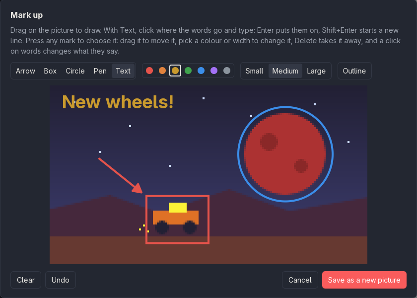 The mark-up dialog: a red arrow and a red box at the rover, a blue ring around the moon, and “New wheels!” written in yellow in the sky