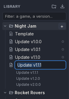 A new devlog row filled in with Update v1.1.1, and Update v1.2.0 and Update v2.0.0 listed under it