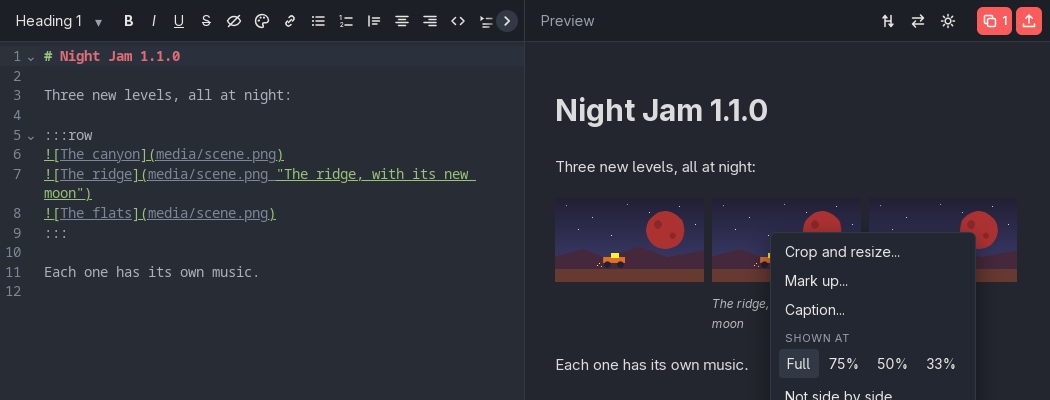 A row of three pictures in the editor and the preview, one with a caption, and a picture’s menu open