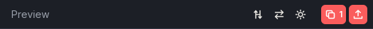 The preview’s bar: scrolling together, swapping sides, the page’s colours, then Copy HTML with the number of images it’ll upload first, and Save to itch