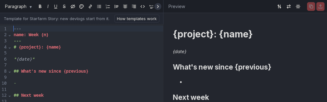 A project’s template open, with its name pattern at the top and the preview of what new devlogs start as