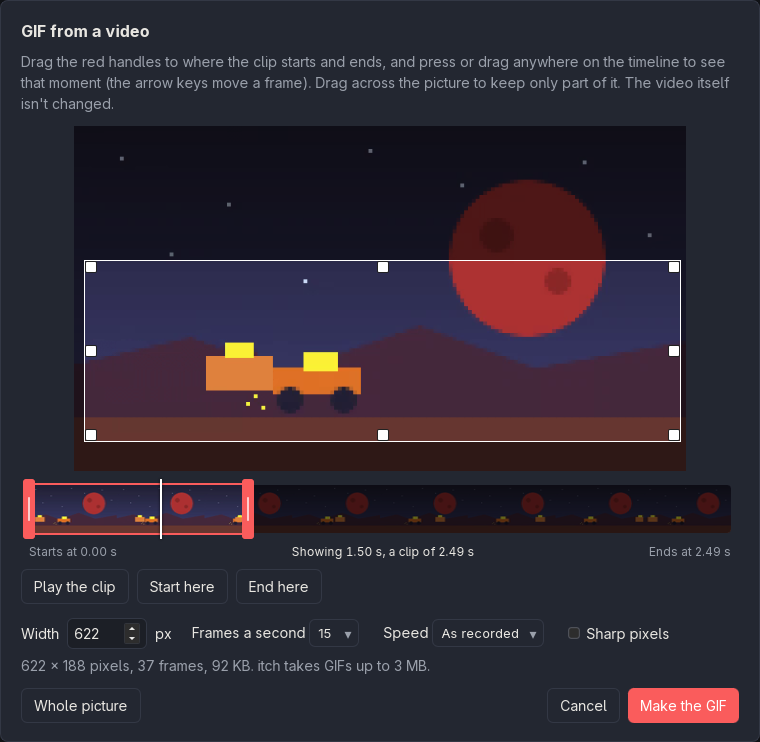 The GIF from a video dialog: a frame of the clip with a crop frame around the rovers, the timeline under it with the clip’s first seconds marked on a filmstrip of the video, and the width, frame rate and speed