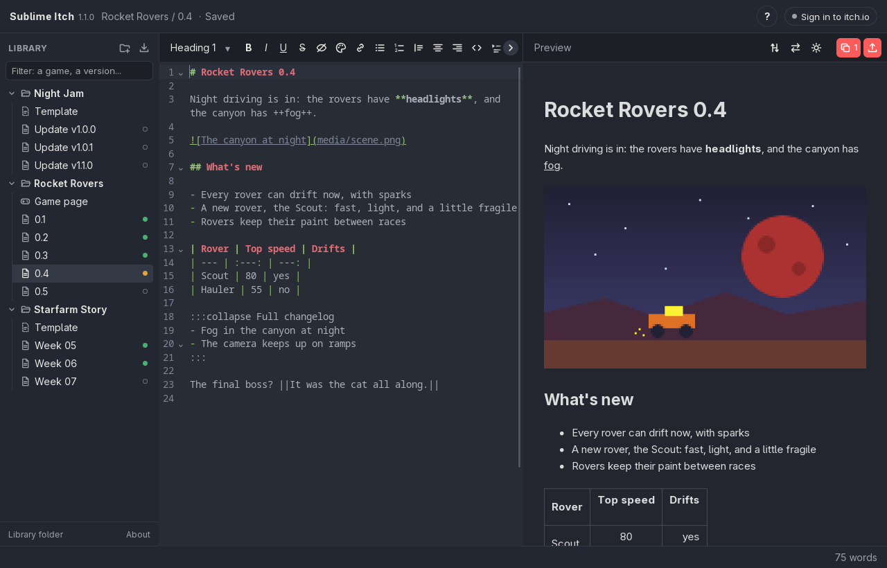 Sublime Itch with a devlog open: the library on the left, the Markdown in the middle, the preview on the right