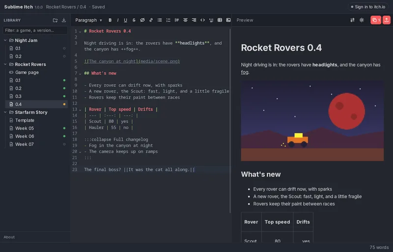 Writing a devlog in Markdown, with the live preview beside it and the library on the left