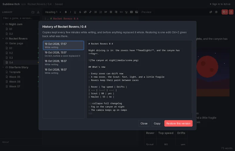 A devlog's history: earlier versions, one of them as it was on itch