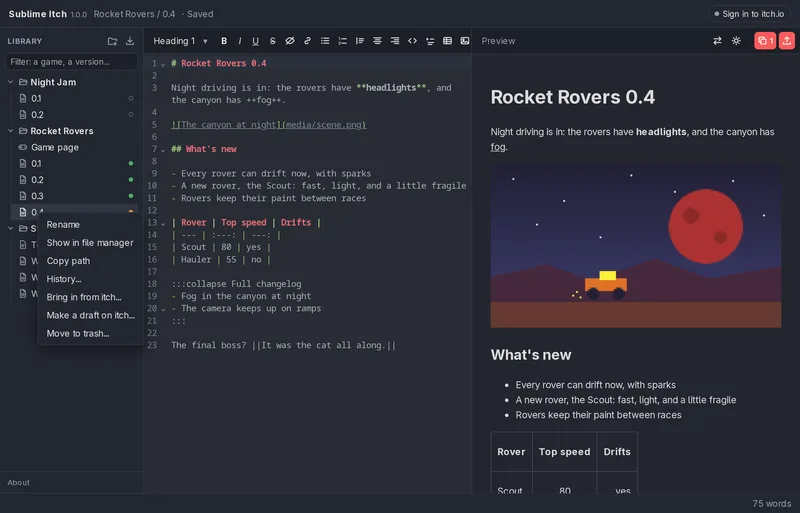A devlog's menu in the library: bring it in from itch, or make a draft there
