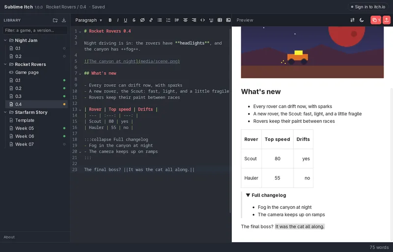 The preview on itch's light page, with a table, a collapsible section and a spoiler