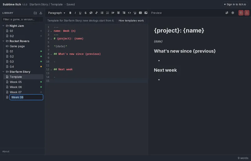 A project's template, with the next devlog's name already suggested